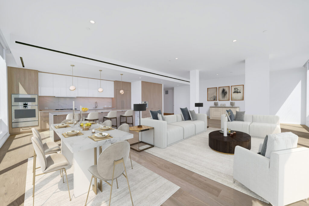 Open living and dining room with white furniture and modern accents